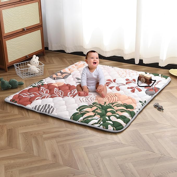 TADO MUSLIN Baby Play Mat 50x50 Inch, Thickened Soft Floor Mat for Playpen, Machine Washable Foam Crawling Mat with Non-Slip Bottom for Babies and Toddlers, Foldable Padded Playmat