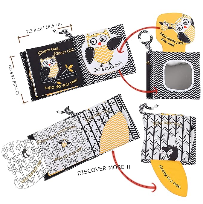 Touch and Feel Cloth Crinkle Books for Babies Infant, Baby Books Toys 0-3-6-12 Months, Easter Shower Baby Gifts, High Contrast Toy,Teething Teethers, Tummy Time Mirror Toys for Boys and Girls-Owl