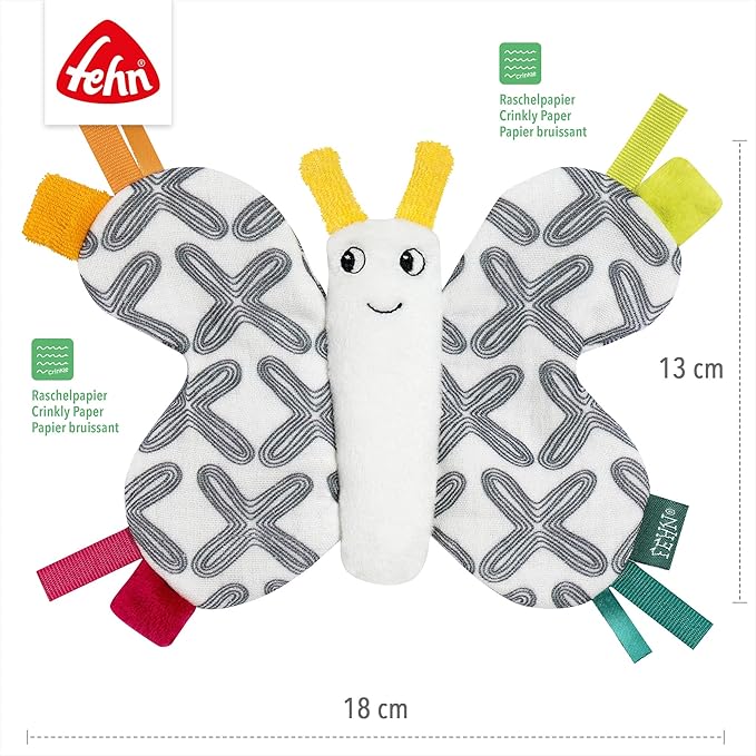 Fehn Crackling Butterfly - Activity Container for Grabbing, Listening, Playing and Making Sounds - Promotes baby's senses and motor skills - Ideal companion for babies and toddlers from onwards