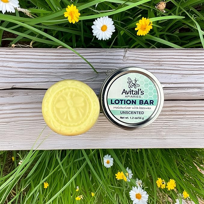 Avital's Apiaries Unscented 1.2 oz Beeswax Lotion Bar – Solid Body Butter Bar for Sensitive Skin – Natural Moisturizer with Shea Butter & Avocado Oil – Plastic-Free Skincare