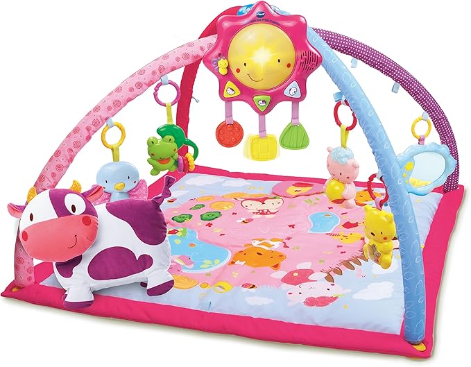 VTech - Lumi Tapis des P'tits Copains Rose, Musical and Evolutionary Play Mat, Activity and Development Toy, Rattles, Cow Plush, Baby Birth Gift - English Content
