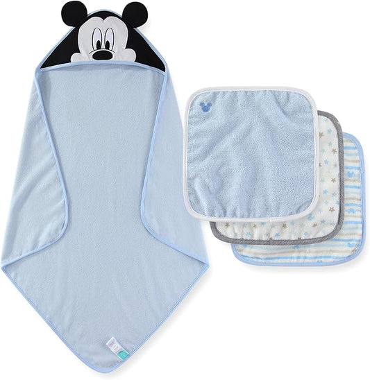 Disney Baby Boys Mickey Mouse Hooded Bath Towel with 3 Washcloths Set for Newborn and Infants