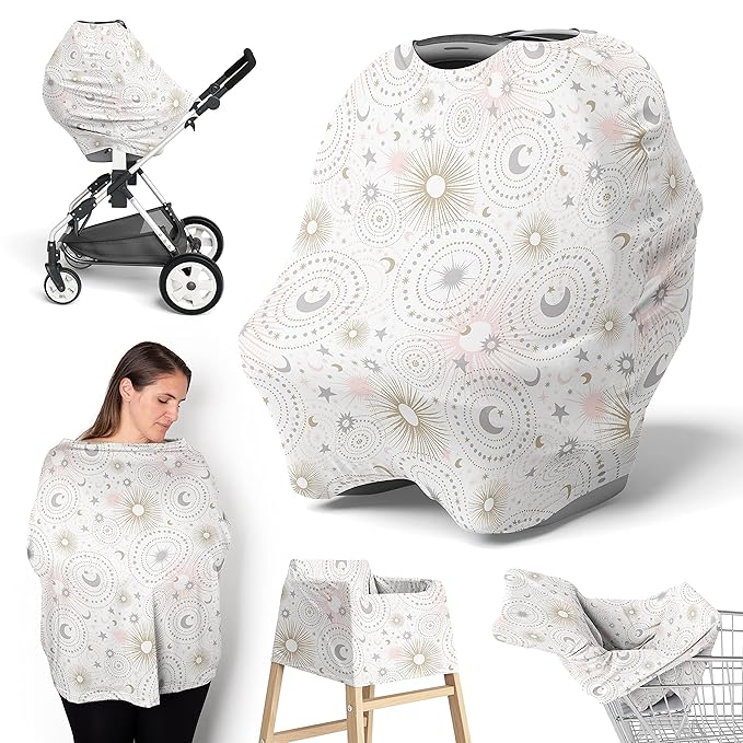 Sweet Jojo Designs Star and Moon Girl Infant Baby Car Seat Cover Nursing Breastfeeding Shopping Cart Stroller Canopy - Blush Pink Gold and Grey Celestial Sky Stars Shabby Chic