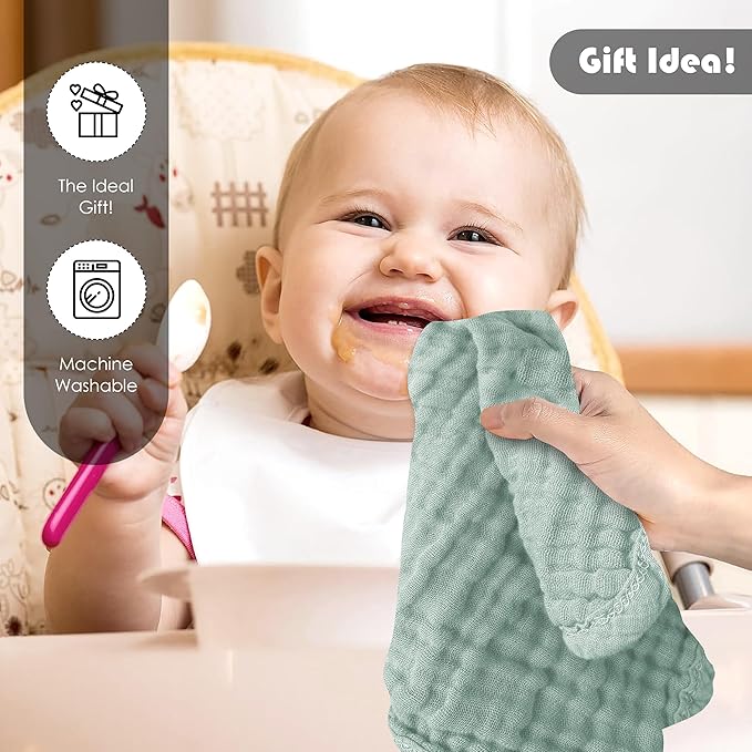 Ease Cubs 12 Pack Muslin Washcloths for Baby - 100% Cotton Baby Wash Cloths for or Baby Face Body Comfy and Soft for Newborn Infants Kids Girls and Boys - 12"x12" - Green