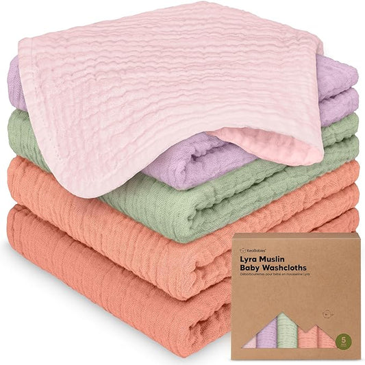5-Pack Muslin Baby Washcloths for Newborn – 12x12 Soft Absorbent Organic Cotton Muslin Wash Cloths for Babies Girl, Boy, Infant, Toddlers,Kids Face Towel,Bath Essentials,Baby Burp Rags (Muted Pastel)