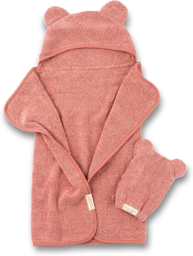 Bella Tunno Baby Bath Towel and Wash Mitt Set – Soft Absorbent Hooded Towels and Mitt-Style Baby Washcloths, Oeko-TEX Certified (Watermelon)