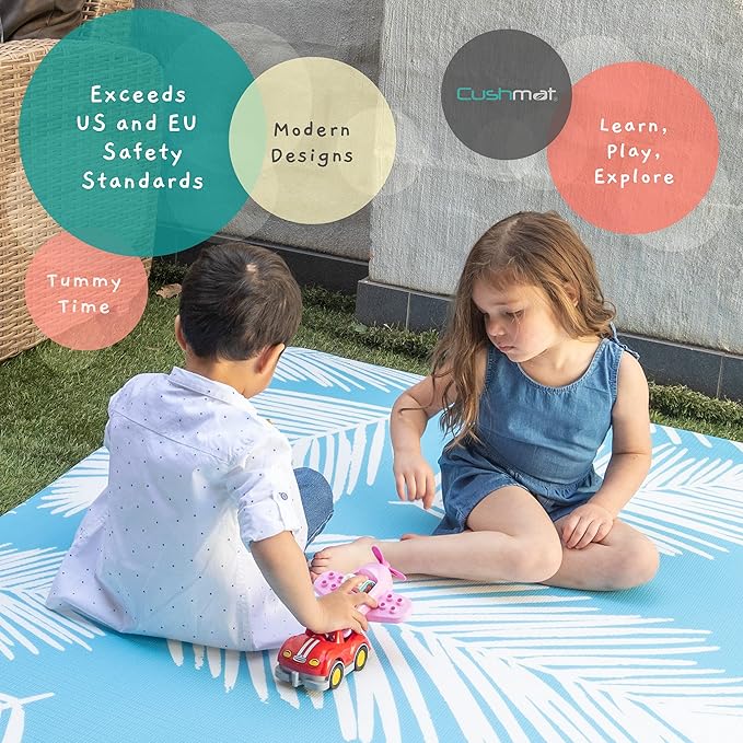 Cushmat Reversible Baby Playmat | Large | Soft, Thick, Waterproof, Easy-to-Clean, Non-Toxic, Durable, Non-Slip Play mat for Infants, Babies, Toddler, Kids & Grown-up (Palm Aqua - Beige Diamonds)
