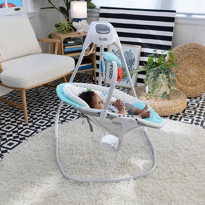 Baby Einstein Ocean Explorers Musical Compact, Lightweight Baby Swing, 6-Speed Multi-Direction, Vibrations, Music, Sounds, 0-9 Months - Grey