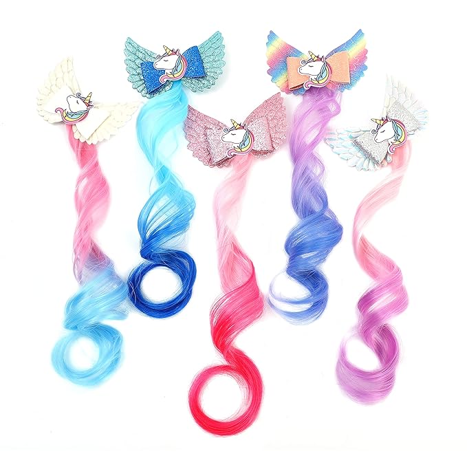 5- Colored Angel Wings Hair Bows Hair Extensions For Girls, Glitter Unicorn Hair Accessories (5PCS)