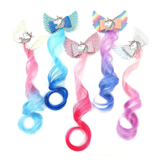 5- Colored Angel Wings Hair Bows Hair Extensions For Girls, Glitter Unicorn Hair Accessories (5PCS)
