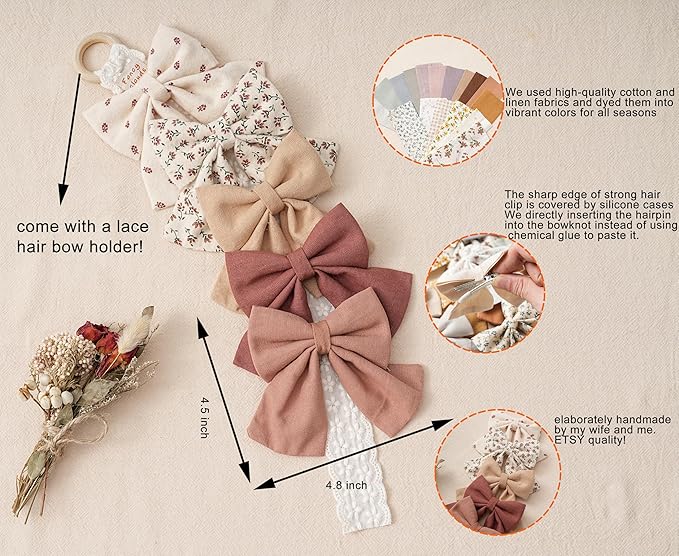 Hair Bows with Hair Clips for Girls Toddler Baby,Handmade 5" Flower Print Embroider Big Bows,FANCY CLOUDS Boutique Hair Accessorioes Gifts for School Kids