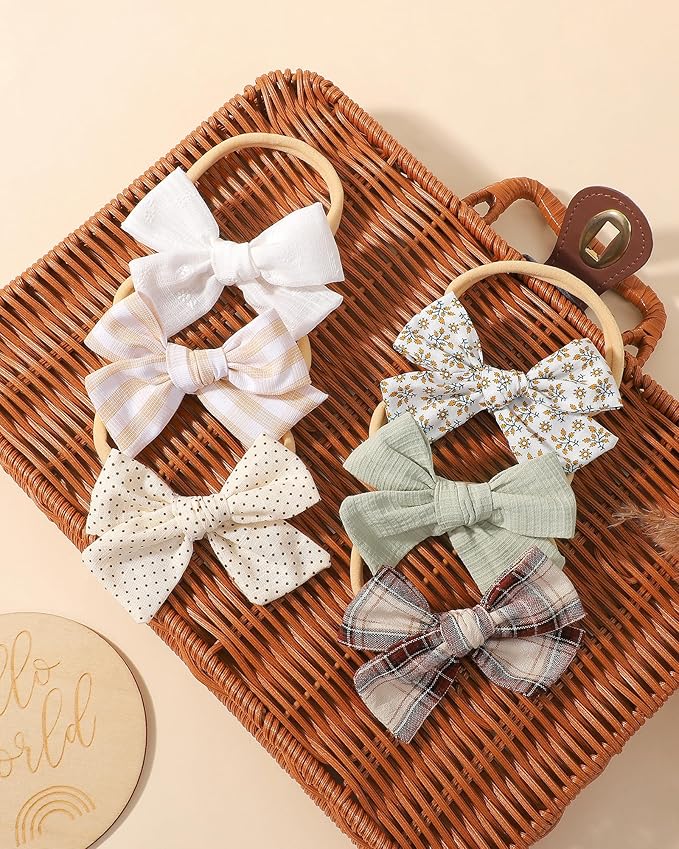 doboi 10PCS Baby Girls Headbands Hair Bows Nylon Cotton Linen Hairbands Fine Handmade Hair Accessories for Newborn Infant Toddlers Little Girls-Solid Plaid Stripe and Flowers
