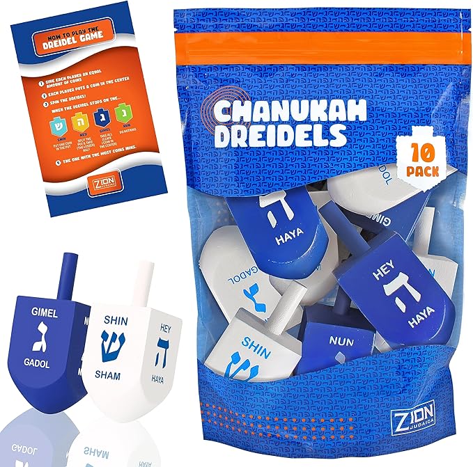 Zion Judaica Hanukkah Dreidels Blue & White Natural Wood with English Translation & Transliteration (10 Pack)