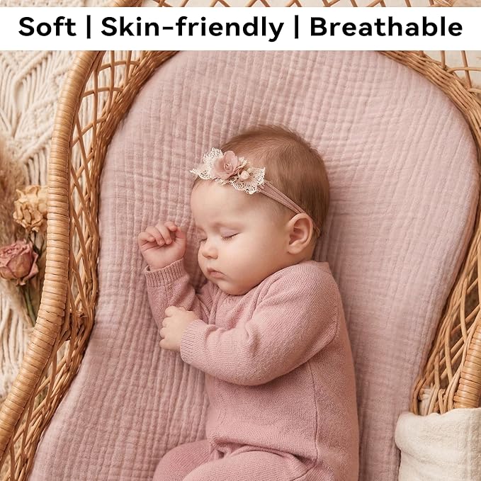 Muslin Bassinet Sheet Compatible with Halo BassiNest Swivel Sleeper - 100% Cotton Hourglass & Peanut Shape Mattress Pad Cover (30"x18"), Breathable & Soft, Boho (1 Pack Pink)