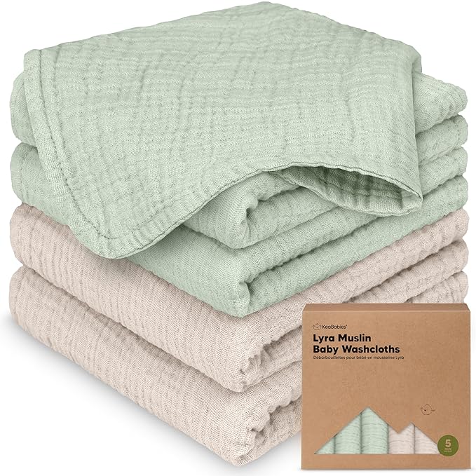 5-Pack Muslin Baby Washcloths for Newborn – 12x12" Soft Absorbent Organic Cotton Muslin Wash Cloths for Babies Girl, Boy, Infant, Toddlers, Kids Face Towel, Bath Essentials, Baby Burp Rags (Sage)