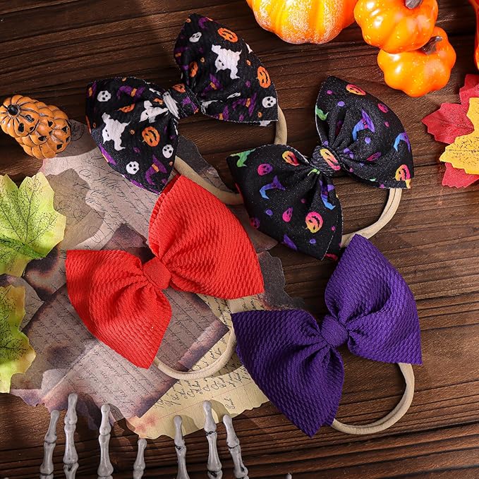 Halloween Baby Knot Ghost Hair Accessories - Headband with Nylon Elastic Bows in Purple and Orange