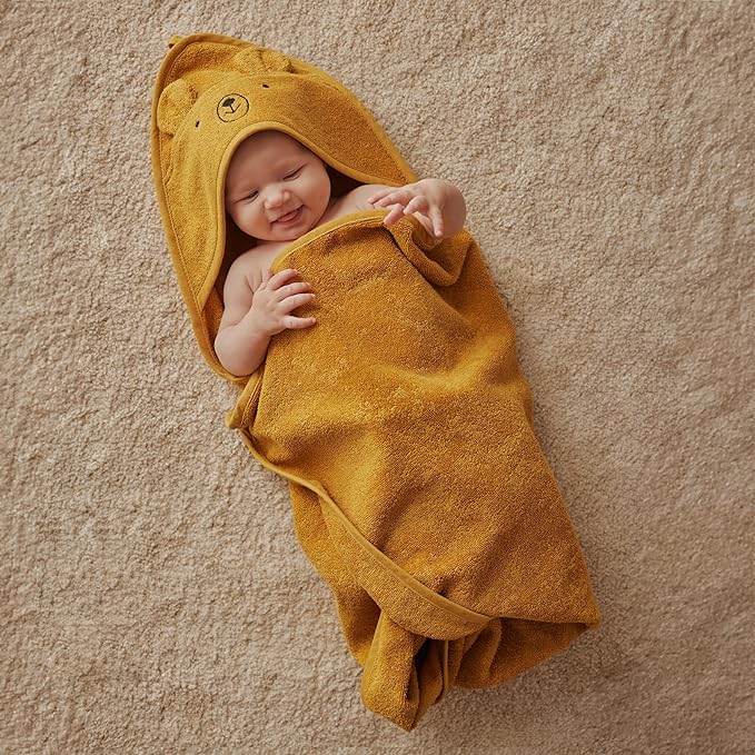 Hooded Baby Towels - 100% Organic Cotton Baby Bath Towels, 32" x 32" Super-Soft and Absorbent Baby Towels for Newborn 2-Pack (Grey/Yellow)