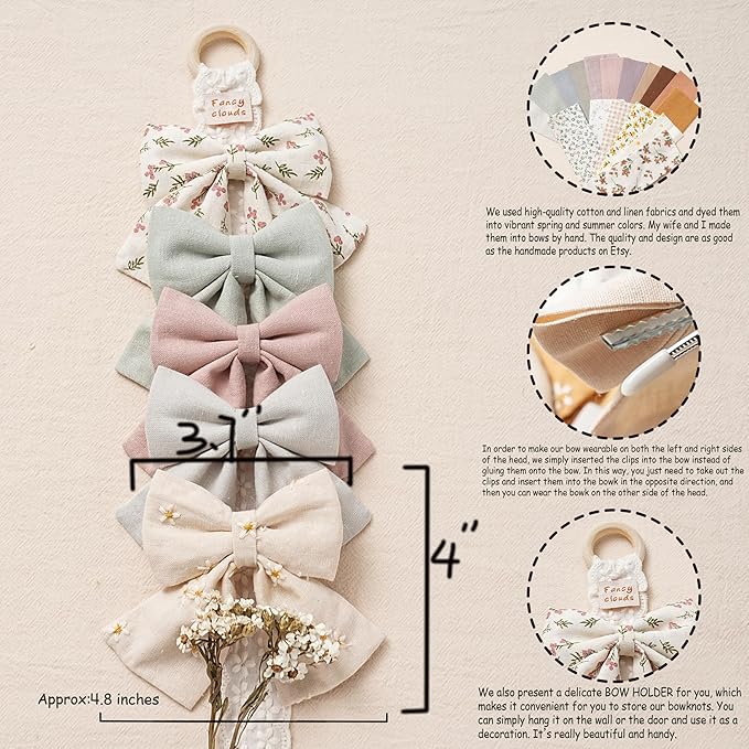 Hair Bows with Hair Clips for Girls Toddler Baby,Handmade 5" Flower Print Embroider Big Bows,FANCY CLOUDS Boutique Hair Accessorioes Gifts for School Kids