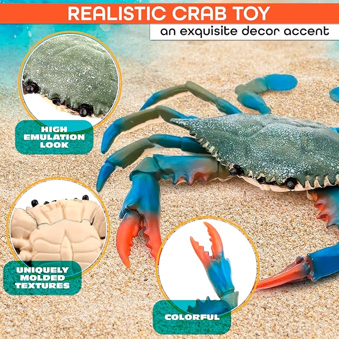 Blue Crab Toys for Kids - Realistic Plastic Crab Figure, 6.6 x 5.3 Lifelike Ocean Animal for Bath Play, Coastal Displays, Marine Life Lessons, Party Tables, Beach Themes, Shelf Styling and Home Decor