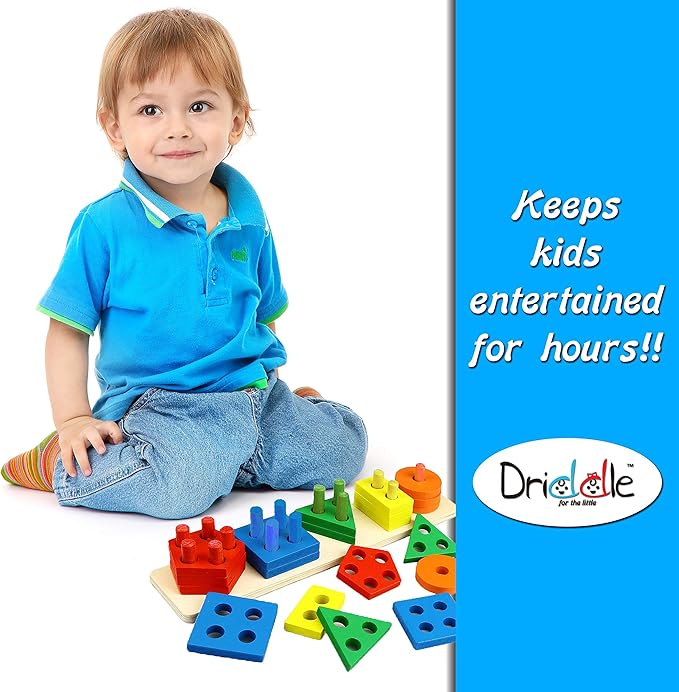 Driddle Wooden Educational Sorting and Stacking Toy - Learn Color and Shape Recognition – Puzzle Blocks Toy for Toddlers – Preschool Children Game – Kids Montessori Education