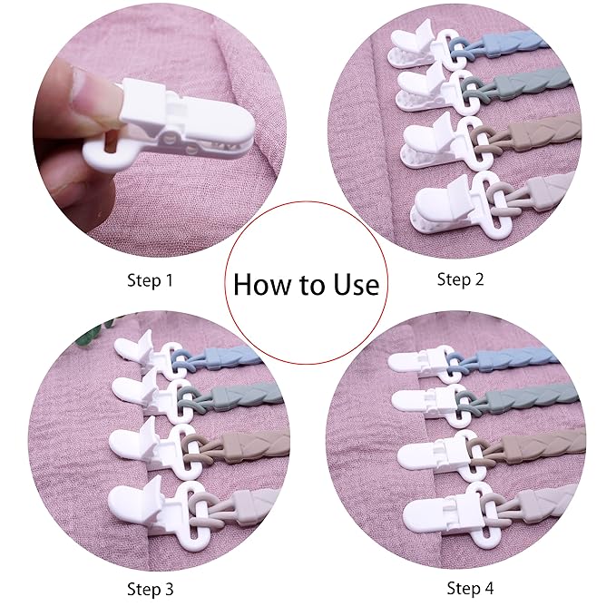 Silicone Pacifier Clips Baby Boys Girls, 4-Pack Flexible Woven Rope Braided Pacifier Clip Holder for Baby Essentials, Newborn Paci Binky Clips (Boy's Color)