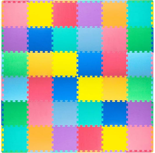 ProSource Foam Puzzle Floor Play Mat for Kids and Babies with Solid Colors, 36 or 16 Interlocking Tiles with Borders, Assorted