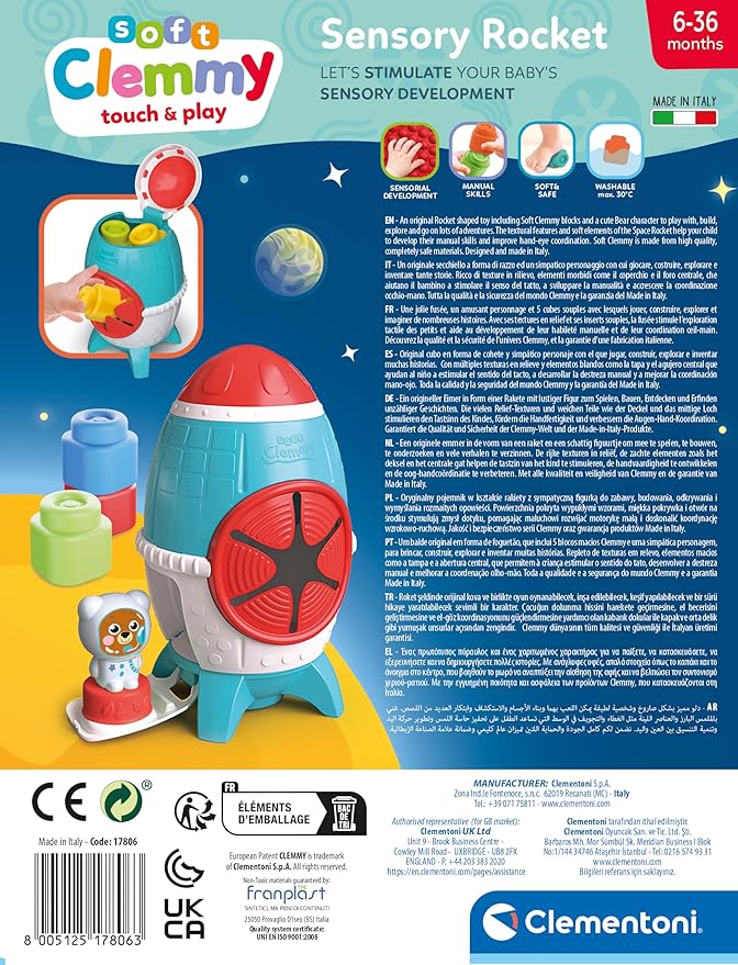 Clementoni- Sensory Rocket: Soft Building Blocks for Babies, Stacking Toy with Cute Astronaut Figure, Early Development & Activity Toy (6+ Months)