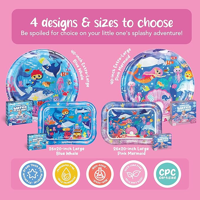KooKooBaby Tummy Time Water Mat for Babies - Xtra Large Sensory Baby Water Mat for Tummy Time & Motor Development - Leak-Proof Water Pad, Durable Infant Water Play Mats for Baby Boys & Girls 3 Months+