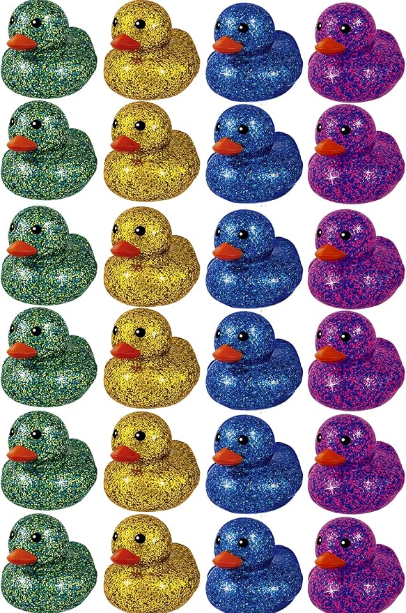JA-RU Glitter Rubber Ducks Metallic Colors 3" (24 Unit Assorted) Fidget Toy for Kids, Sensory Play, Stress Relief, Stocking Stuffers, Supplies Pinata Filler in Bulk. Plus Sticker. 4343-24s