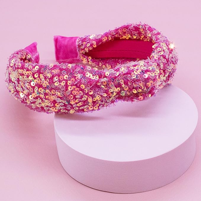 FROG SAC Sequin Knot Headband for Girls, Pink Knotted Hair Bands Accessories for Kids, Sparkly Iridescent Little Girl Headbands, Cute Fashion Hairbands for Tweens Stocking Stuffers for Children