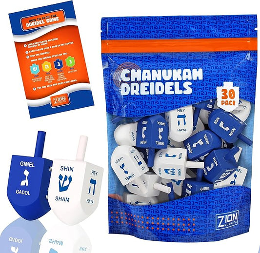 Zion Judaica Blue & White Natural Wood Dreidels with English Translation & Transliteration Bulk Pack Wooden Driedels Spinning Tops with Chanukah Game Card - 30 Pack