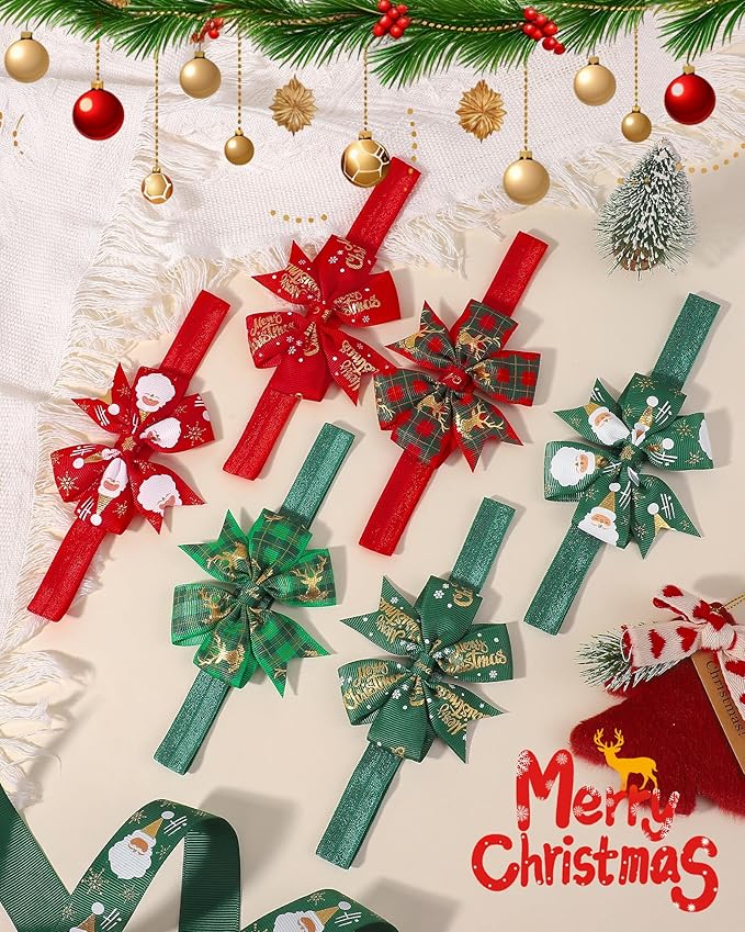 jollybows 10pcs Christmas Baby Bows Headbands Soft Stretchy Grosgrain Ribbon Hairbands with Bows Christmas Headbands Hair Accessories for Newborn Baby Girls Infant Toddlers Kids