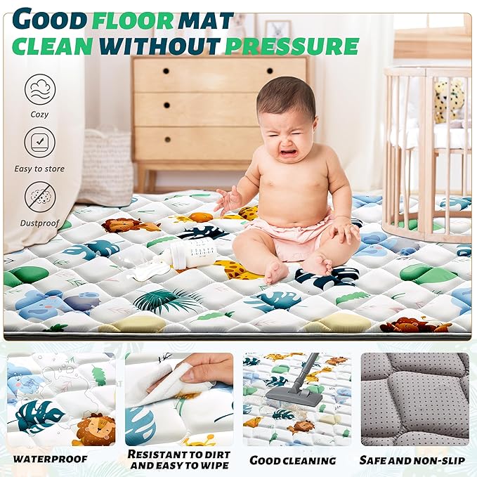 Baby Play Mats for Floor, Playpen Mat for Babies, Extra Thicker & Soft Floor Crawling Mat, Foldable Non-Slip Playmat Cushioned for Infants Toddlers (White-green, 50x50 Inch)