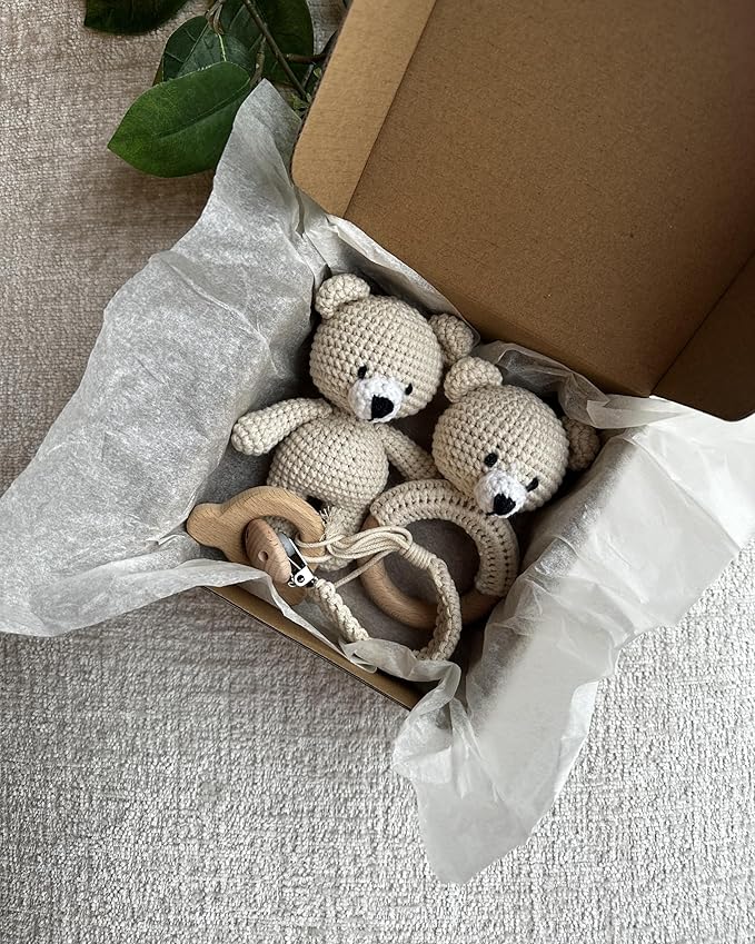 Organic Cotton Handmade Crotchet Bear Rattle, Toy, teether and Pacifier Holder Baby Shower/Birthday Gift Set.