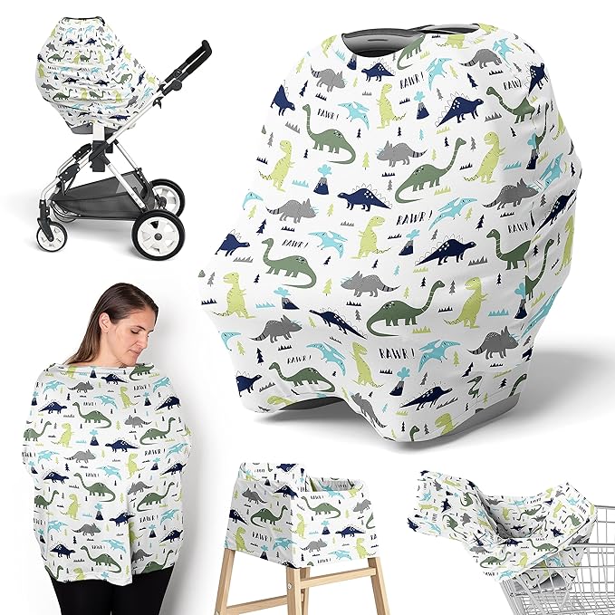 Sweet Jojo Designs Blue and Green Dinosaur Boy Infant Baby Car Seat Cover Nursing Breastfeeding Shopping Cart Stroller Canopy - Turquoise Dark Green Modern Boho Grey and White Mod Dinosaurs