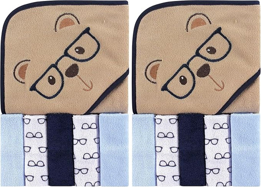 Luvable Friends Unisex Baby Hooded Towel with Five Washcloths, Smart Bear, One Size (Pack of 2)