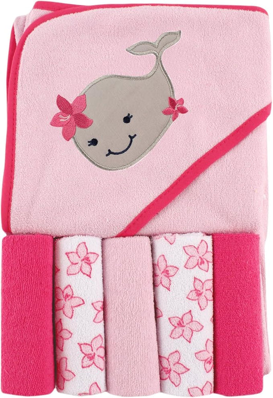 Luvable Friends Unisex Baby Hooded Towel with Five Washcloths, Girly Whale, One Size
