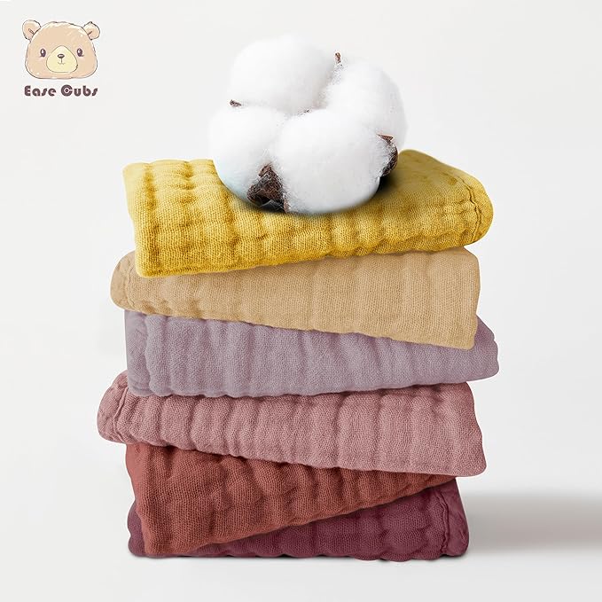 Ease Cubs 12 Pack Muslin Washcloths for Baby - 100% Cotton Baby Wash Cloths for or Baby Face Body Comfy and Soft for Newborn Infants Kids Girls and Boys - 12"x12" - Brown, Honey and Bean Paste Series