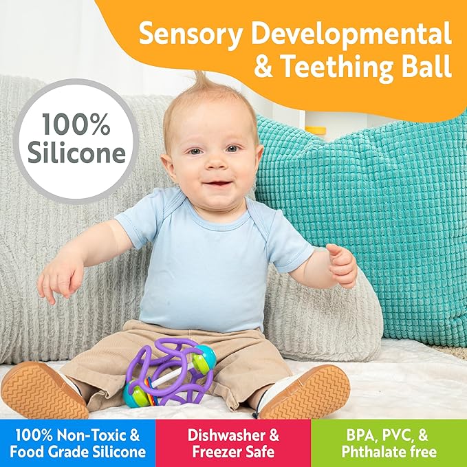 OgoBolli Teether Ring Tactile Sensory Ball and Baby Rattle Toy for Babies & Toddlers - Stretchy, Squishy, Soft, Non-Toxic Silicone - Boys and Girls Age 6+ Months - Purple
