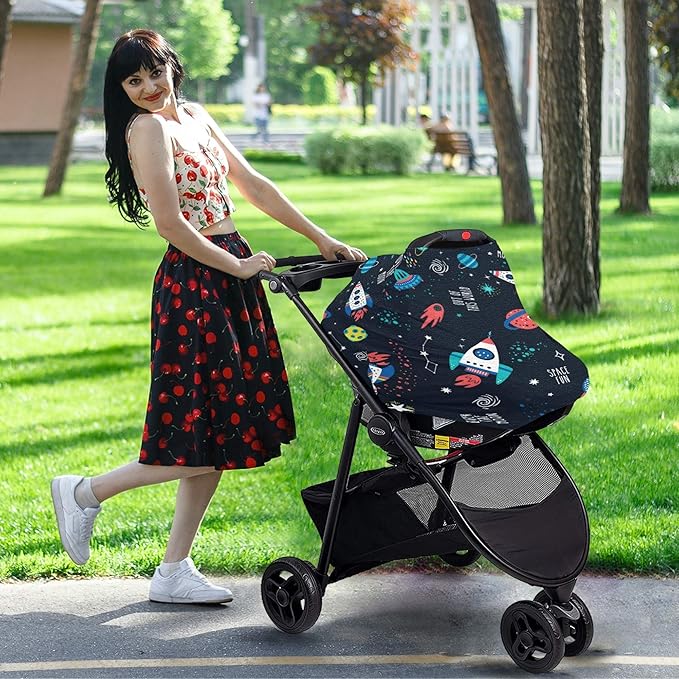 Outer Space Pattern Rocket Planet UFO Star Constellation Nebula Stretchy Baby Car Seat Cover Infant Canopy Nursing Covers Breastfeeding Cover Breathable Windproof Winter Scarf for Boys Girls
