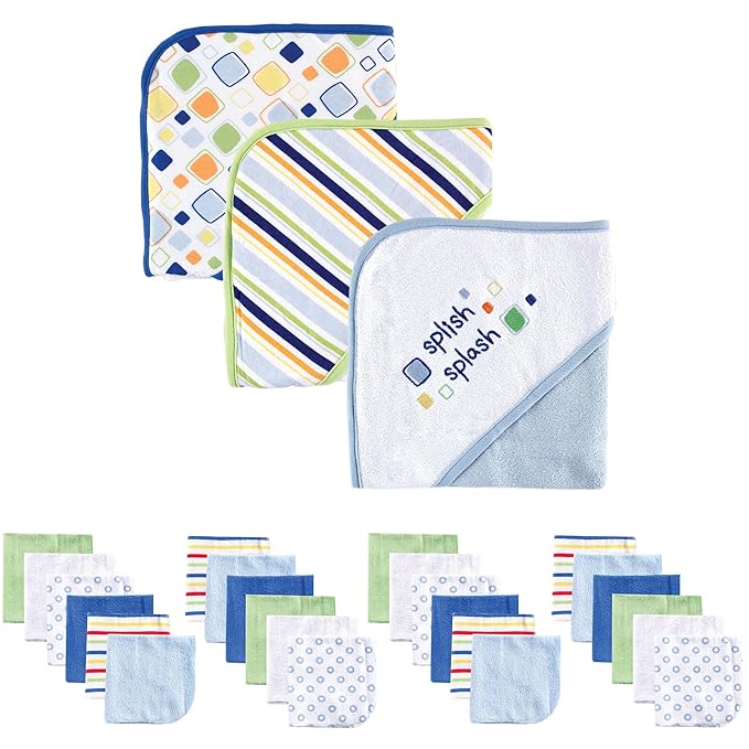 Luvable Friends Baby Hooded Towel and Washcloth Set, 27 Piece, Blue Splish Splash