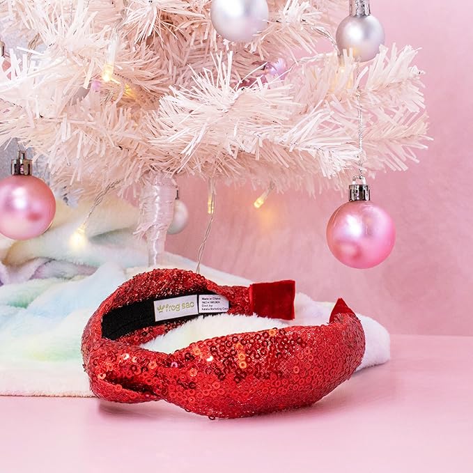 FROG SAC Knot Headband for Girls - Red Sequin Knotted Hair Bands Accessories for Kids, Sparkly Little Girl Headbands for Children, Holiday Christmas Valentines Sparkle Hairbands for Tweens