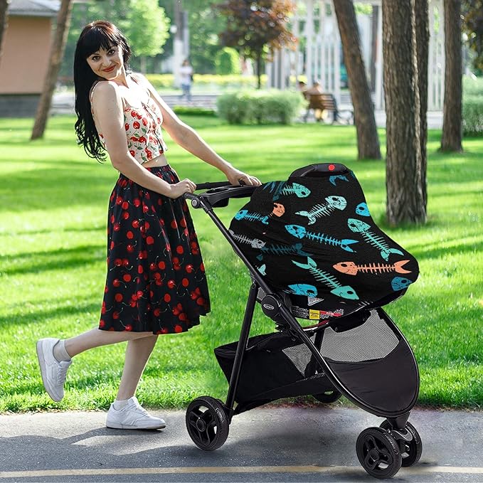 Multicolor Fish Skeleton Bone Skull Tattoo Print On Black Stretchy Baby Car Seat Cover Infant Canopy Nursing Covers Breastfeeding Cover Breathable Windproof Winter Scarf for Boys Girls