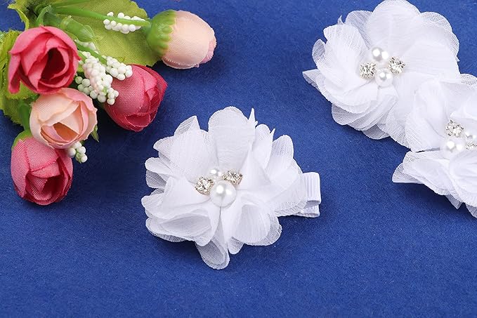 Baby Girls Chiffon Flower Hair Clips with Rhinestones and Pearl,YYCRAFT 10 pcs Party Wedding 2" Hair Accessory for Kids Toddler Infant Girls(Snow White)