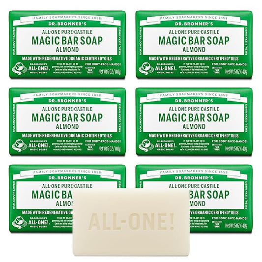 Dr. Bronner's - Pure-Castile Magic Bar Soap (Almond, 5 oz, 6-Pack) - Made with Regenerative Organic Certified Oils- For Face, Body & Hair, Gentle, Vegan Bath Soaps for Men & Women, Non-GMO