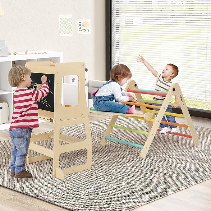 Olakids Pikler Triangle Set 8 in 1 Climbing Toys for Toddlers Foldable Wood Montessori Jungle Gym with Toddler Tower Angle Adjustable Ladder Ramp Slide Indoor Playground Baby Climber