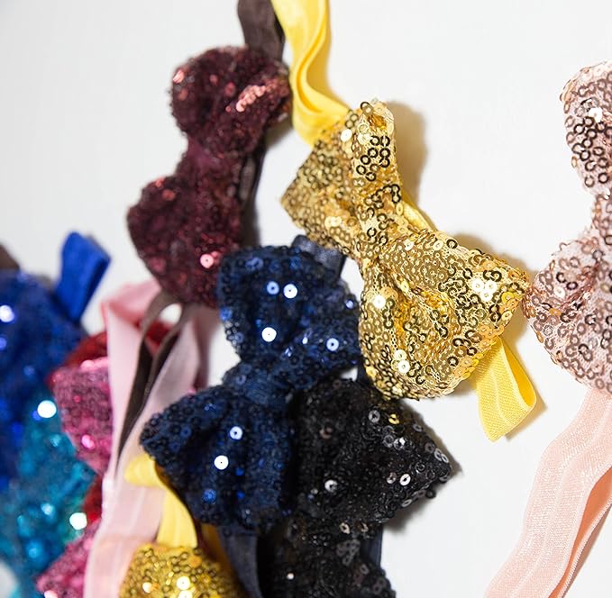 CÉLLOT 15pcs Baby Girl Headbands Sparkly Glitter Sequins 4" Big Hair Bows Ribbon Soft Stretchy Hair Bands for Infant Newborn and Toddlers