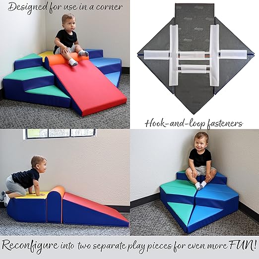 FDP SoftScape Step Up and Slide Corner Climber, Indoor Active Play Structure for Toddlers and Preschoolers, Soft Foam for Crawling and Sliding, Multiple Configurations (4-Piece) - Contemporary, 13383