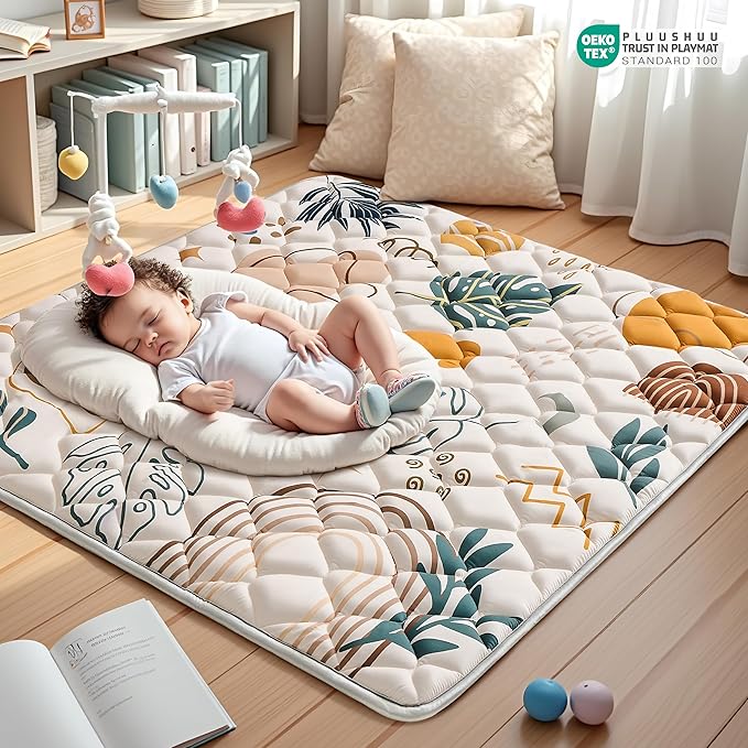 Baby Play Mats for Floor, Playpen Mat for Babies, Extra Thicker & Soft Floor Crawling Mat, Foldable Non-Slip Playmat Cushioned for Infants Toddlers (Brown-B, 50x50 Inch)