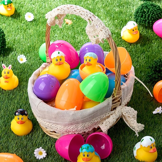 JOYIN 24 Pcs Prefilled Easter Eggs with Rubber Ducks, Variety Duckies for Easter Egg Hunt, Kids Basket Stuffer, Bath Toy Party Favors, Classroom Prize Supplies